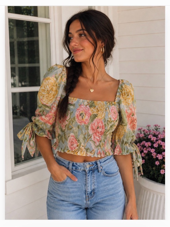 Express Tops - Express Floral Smocked Square-Neck Crop Top - Green/Pink/Yellow